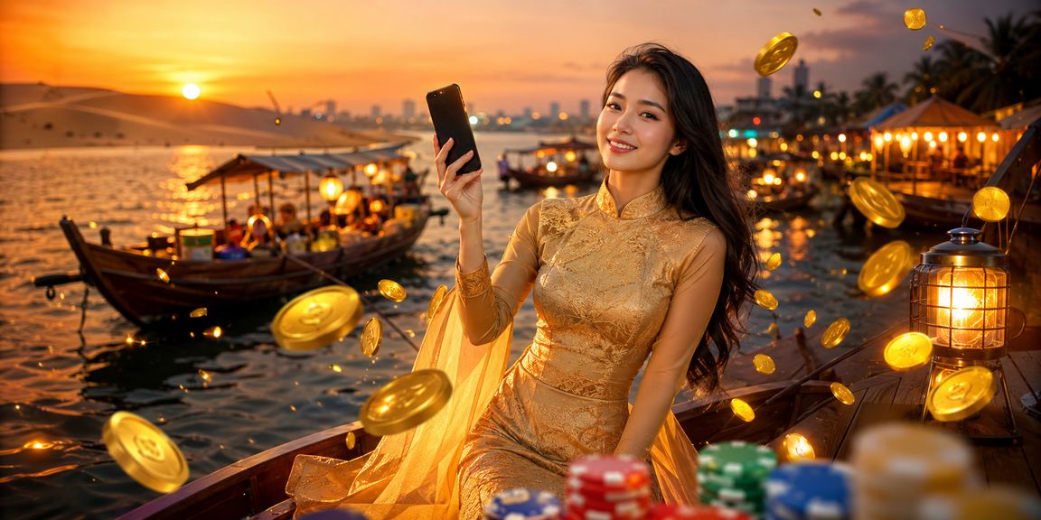 Người phụ nữ mặc áo dài tại Mũi Né trải nghiệm casino trực tuyến trên điện thoại di động một cách thư thái